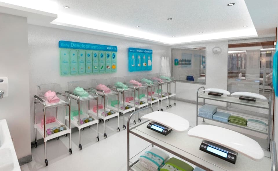 Bright, high-gloss white interior with seamless light-toned resin flooring, a recessed cove-lit floating ceiling, illuminated themed wall graphic panels, glazed partitions and rows of rolling stations.
