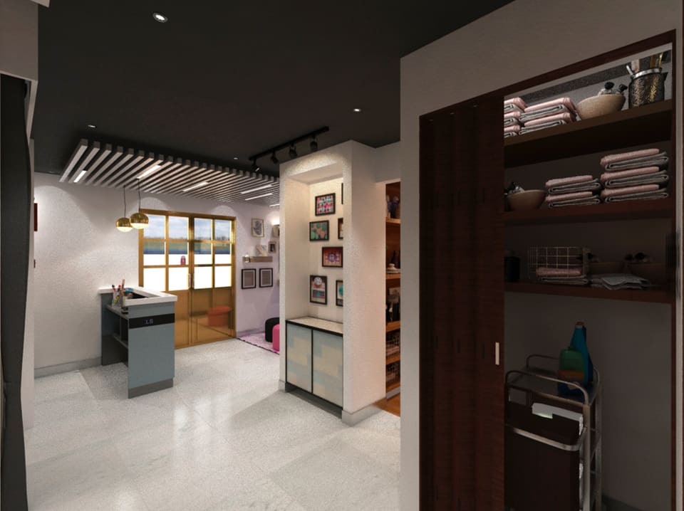 Interior of a waterfront restaurant fit-out in JBR, Dubai, with polished light terrazzo-style flooring, a dark timber slatted ceiling, a glazed service counter with stone-topped cabinetry, warm pendant and recessed lighting, and a dark timber-framed partition leading to a backlit display niche.